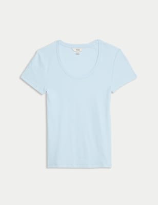 

M&S Collection Camiseta de algodón con escote abiertoWomens - Ice Blue, Ice Blue
