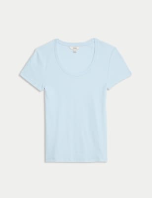 

Womens M&S Collection Cotton Rich Scoop Neck T-Shirt - Ice Blue, Ice Blue