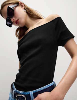 

Womens M&S Collection Pure Cotton Slim Fit Off The Shoulder Top, Black