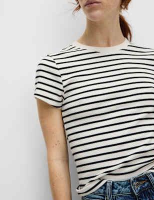 

Womens M&S Collection Cotton Rich Striped Premium T-Shirt, Black Mix