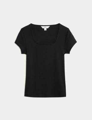 

Womens M&S Collection Pure Cotton Square Neck Slim Fit Top, Black