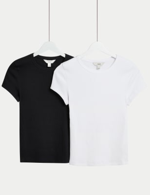 

Womens M&S Collection 2pk Cotton Rich Slim Ribbed T-Shirts - Black/White, Black/White