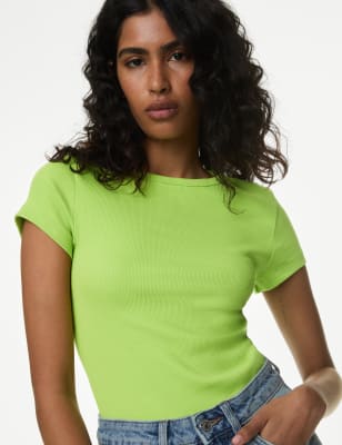 

Womens M&S Collection Cotton Rich Ribbed Slim Fit T-Shirt - Lime, Lime