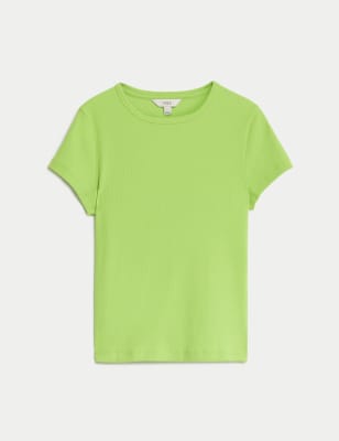 

Womens M&S Collection Cotton Rich Ribbed Slim Fit T-Shirt - Lime, Lime