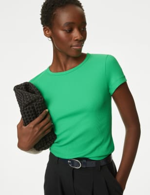 

Womens M&S Collection Geripptes T-Shirt mit hohem Baumwollanteil und schmaler Passform - Acid Green, Acid Green