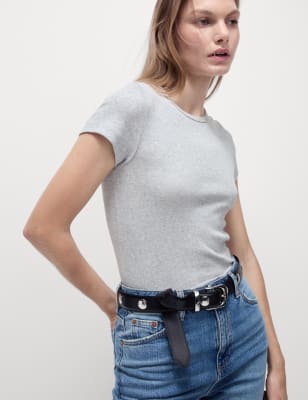 

Womens M&S Collection Geripptes T-Shirt mit hohem Baumwollanteil und schmaler Passform - Grey Marl, Grey Marl