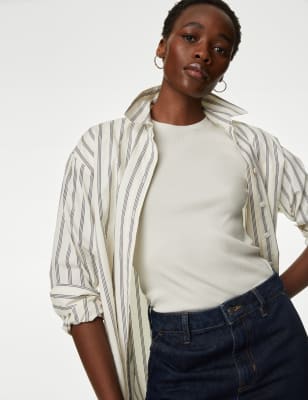 

Womens M&S Collection Geripptes T-Shirt mit hohem Baumwollanteil und schmaler Passform - Light Natural, Light Natural