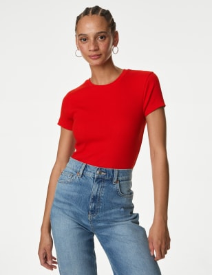 

Womens M&S Collection Cotton Rich Ribbed Slim Fit T-Shirt - Poppy, Poppy