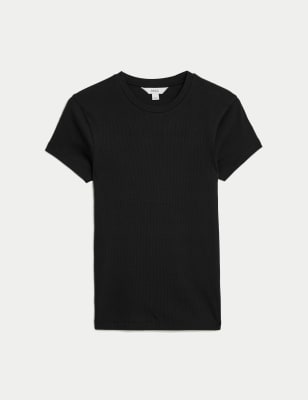 

Womens M&S Collection Cotton Rich Ribbed Slim Fit T-Shirt - Black, Black