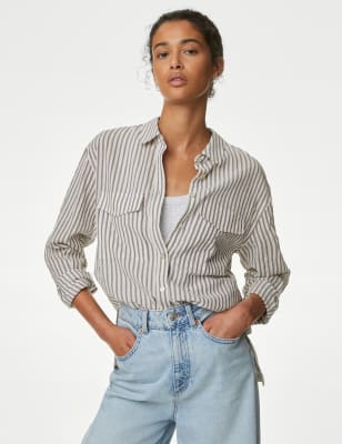 

Womens M&S Collection Cotton Rich Striped Utility Girlfriend Shirt - Grey Mix, Grey Mix