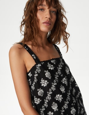 

Womens M&S Collection Geblümtes, ärmelloses Oberteil aus reiner Baumwolle mit eckigem Ausschnitt und Spitze - Black Mix, Black Mix