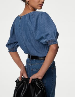 

Womens M&S Collection Pure Cotton Denim Puff Sleeve Blouse - Light Indigo, Light Indigo