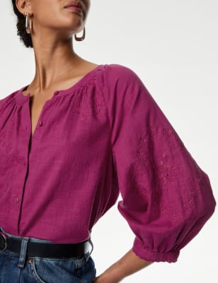 

Womens M&S Collection Pure Cotton Embroidered Blouson Sleeve Blouse - Fuchsia, Fuchsia