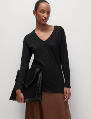 

Womens M&S Collection Cotton Rich V-Neck Longline Top, Black
