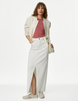 

Womens M&S Collection Gestreiftes, geripptes T-Shirt mit hohem Baumwollanteil - Red Mix, Red Mix