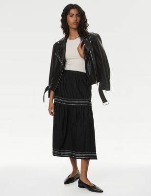 

M&S Collection Falda a media pierna 100% algodón en capas con bordadoWomens - Black, Black