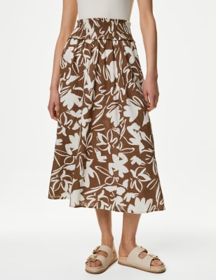 

Womens M&S Collection Pure Cotton Printed Pleated Midi Skirt - Brown Mix, Brown Mix