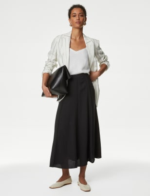 

Womens M&S Collection Panelled Midi A-Line Skirt with Linen - Black, Black