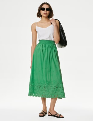 

Womens M&S Collection Pure Cotton Broderie Midi Skirt - Green Mix, Green Mix