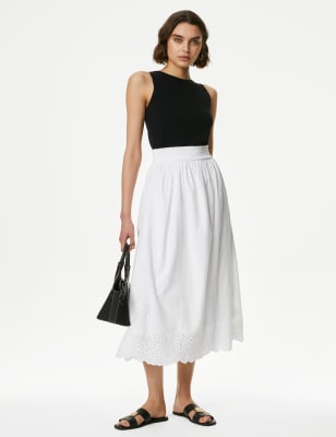 

Womens M&S Collection Pure Cotton Broderie Midi Skirt - White, White