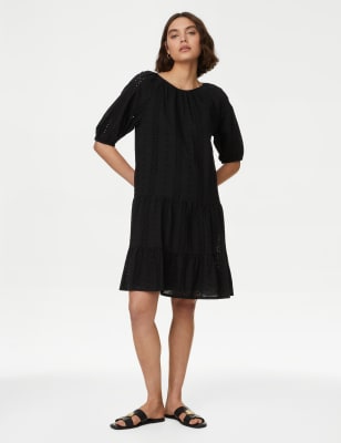 

Womens M&S Collection Pure Cotton Broderie Mini Tiered Dress - Black, Black