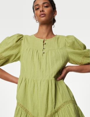 

Womens M&S Collection Tailliertes Minikleid aus reiner Baumwolle mit Biesen - Pistachio, Pistachio