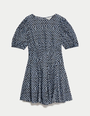 

Womens M&S Collection Pure Cotton Printed Mini Waisted Dress - Navy Mix, Navy Mix