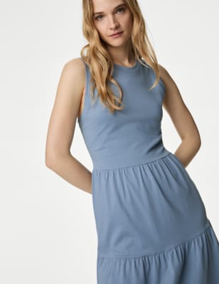 

Womens M&S Collection Pure Cotton Knee Length Tiered Dress - Grey Blue, Grey Blue