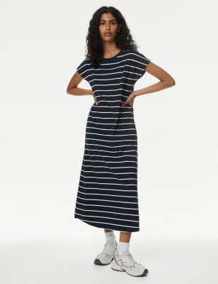 

Womens M&S Collection Midaxi-T-Shirtkleid aus reiner Baumwolle mit Streifenmuster - Navy Mix, Navy Mix