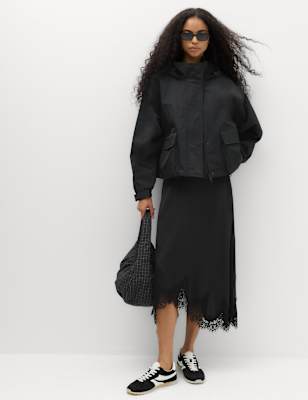 Womens M&S Lace Hem Midi Asymmetric Skirt, Black