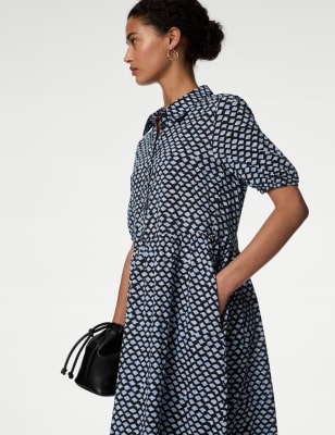 

Womens M&S Collection Pure Cotton Printed Midi Shirt Dress - Navy Mix, Navy Mix