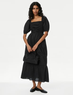 

Womens M&S Collection Pure Cotton Square Neck Midi Waisted Dress - Black, Black