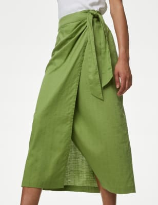 

Womens M&S Collection Pure Cotton Belted Midi Wrap Skirt - Bright Green, Bright Green