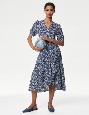 

Womens M&S Collection Gemustertes, tailliertes Midi-Wickelkleid mit V-Ausschnitt - Navy Mix, Navy Mix