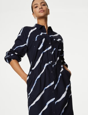 

Womens M&S Collection Pure Cotton Printed Tie Detail Midi Shirt Dress - Navy Mix, Navy Mix