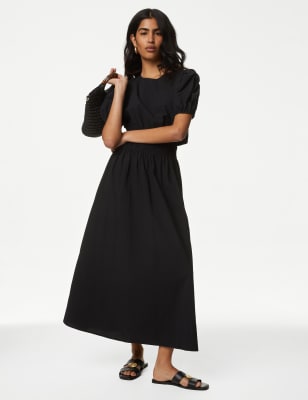 

Womens M&S Collection Tailliertes Midaxikleid aus reiner Baumwolle mit Kräuseldetail - Black, Black