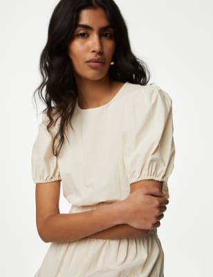 

M&S Collection Vestido a media pierna a la cintura 100% algodón con fruncidoWomens - White, White