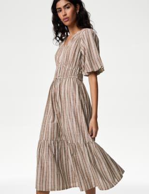 

Womens M&S Collection Pure Cotton Printed V-Neck Tiered Midi Dress - Brown Mix, Brown Mix