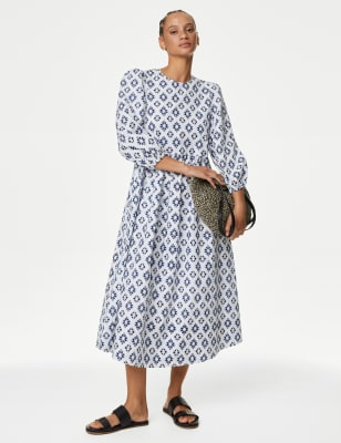 

Womens M&S Collection Cotton Rich Printed Midi Waisted Dress - Blue Mix, Blue Mix