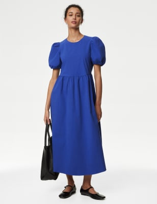 

Womens M&S Collection Cotton Rich Puff Sleeve Midi Column Dress - Iris, Iris