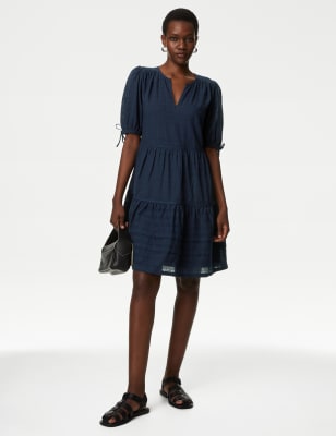 

Womens M&S Collection Pure Cotton V-Neck Knee Length Tiered Dress - Navy, Navy
