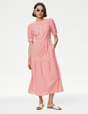 

Womens M&S Collection Midi-Stufenkleid mit hohem Baumwollanteil und Gingham-Muster - Orange Mix, Orange Mix