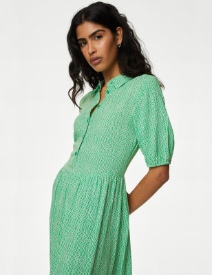 

Womens M&S Collection Printed Collared Puff Sleeve Midi Shirt Dress - Green Mix, Green Mix