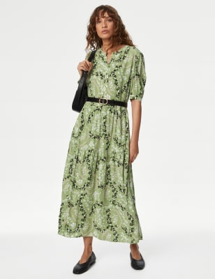 

Womens M&S Collection Floral Button Front Midi Tiered Dress - Green Mix, Green Mix