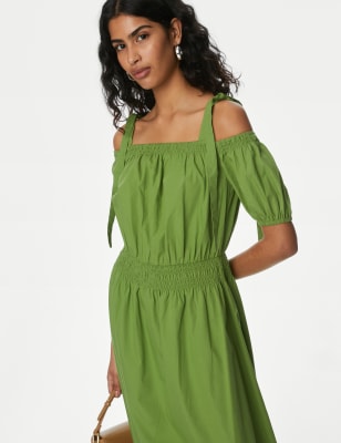 

Womens M&S Collection Pure Cotton Puff Sleeve Midi Waisted Dress - Bright Green, Bright Green