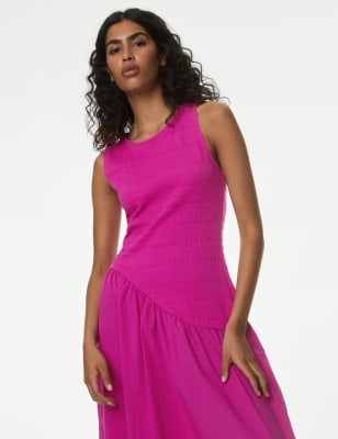 

Womens M&S Collection Cotton Blend Textured Midi Drop Waist Dress - Fuchsia, Fuchsia