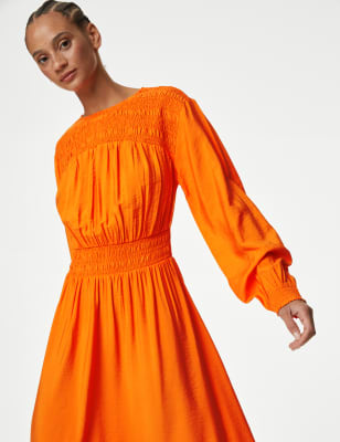 

Womens M&S Collection Round Neck Ruched Midi Waisted Dress - Orange, Orange