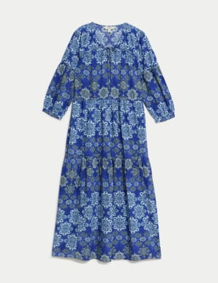 

Womens M&S Collection Cotton Rich Print Midi Waisted Dress - Blue Mix, Blue Mix