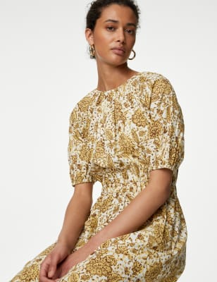 

Womens M&S Collection Pure Cotton Floral Midi Waisted Dress - Yellow Mix, Yellow Mix