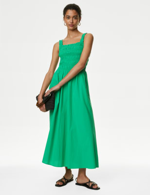 

Womens M&S Collection Pure Cotton Square Neck Midi Shirred Dress - Medium Green, Medium Green